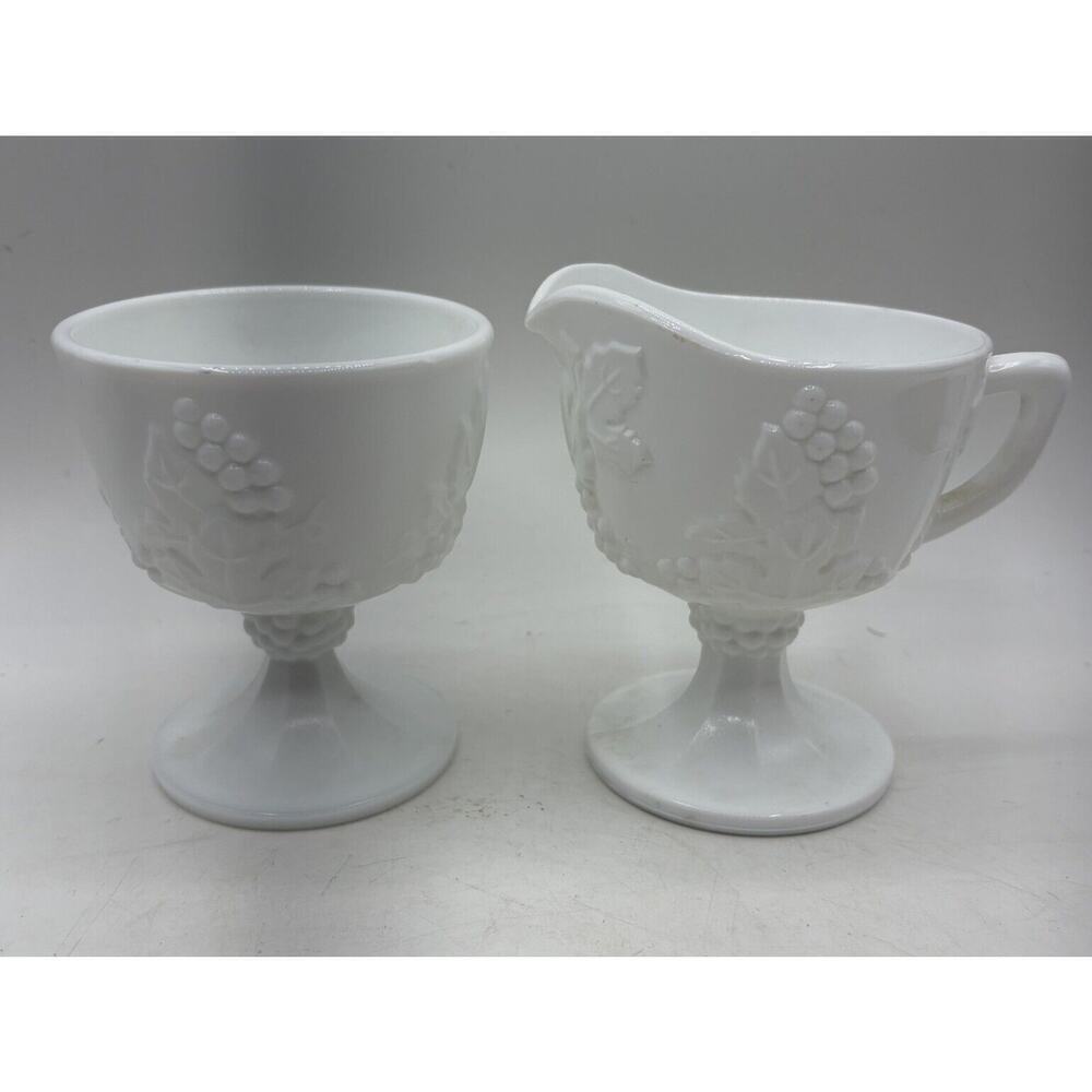 Vintage Indiana Colony Harvest Grape Pattern Milk Glass Creamer and Sugar Bowl